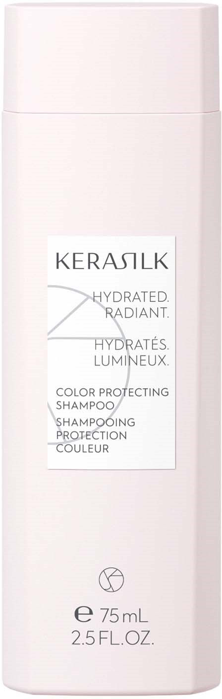 Eine weiße Flasche mit Kerasilk Hydrated Radiant Farbschutz-Shampoo, 75 ml.