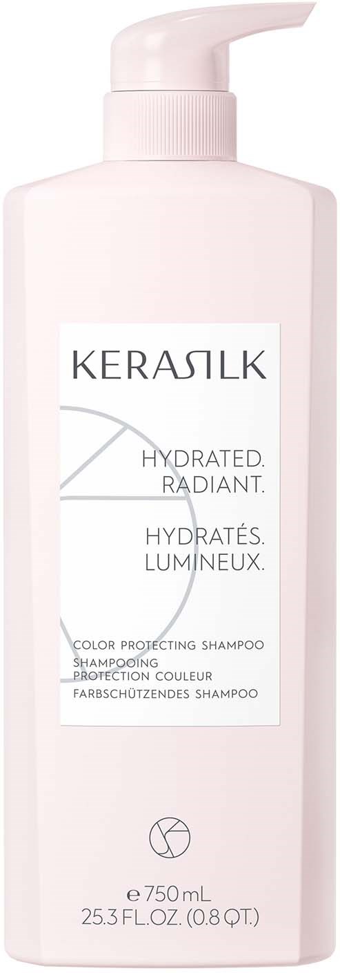 Eine weiße Flasche mit Pumpe enthält KERASILK Hydrated, Radiant Shampoo zum Farbschutz, 750 ml.