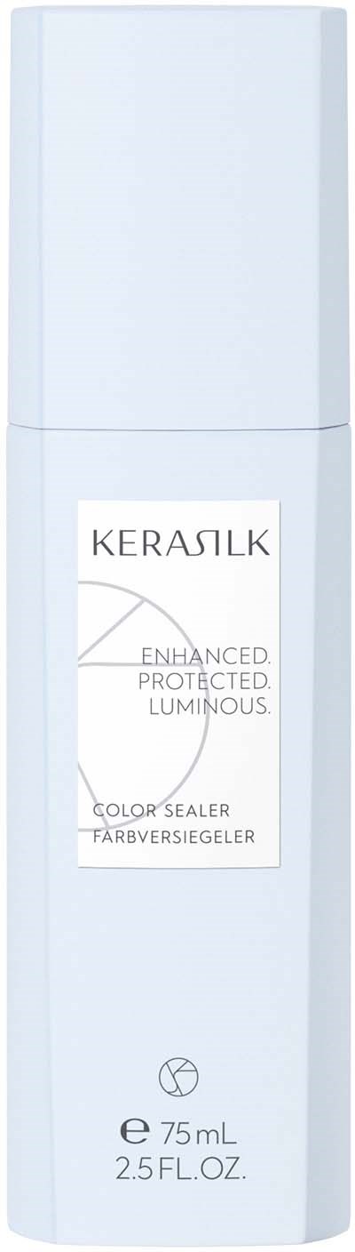 Eine lange weiße Flasche mit einem Etikett, das 'Kerasilk' und Schutz- und Größeninformationen sagt.