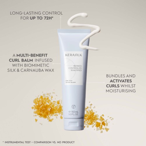 Eine weiße Tube Kerasilk Lockenbalsam mit gelben Stücken und einer lockigen Creme oben, fördert langanhaltende Lockenkontrolle.