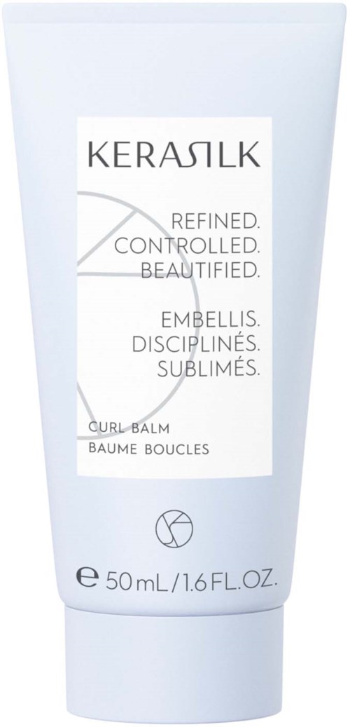 Eine Tube Kerasilk Curl Balm in weißer Verpackung. Hervorhebt Vorteile wie feine, kontrollierte und schöne Locken.