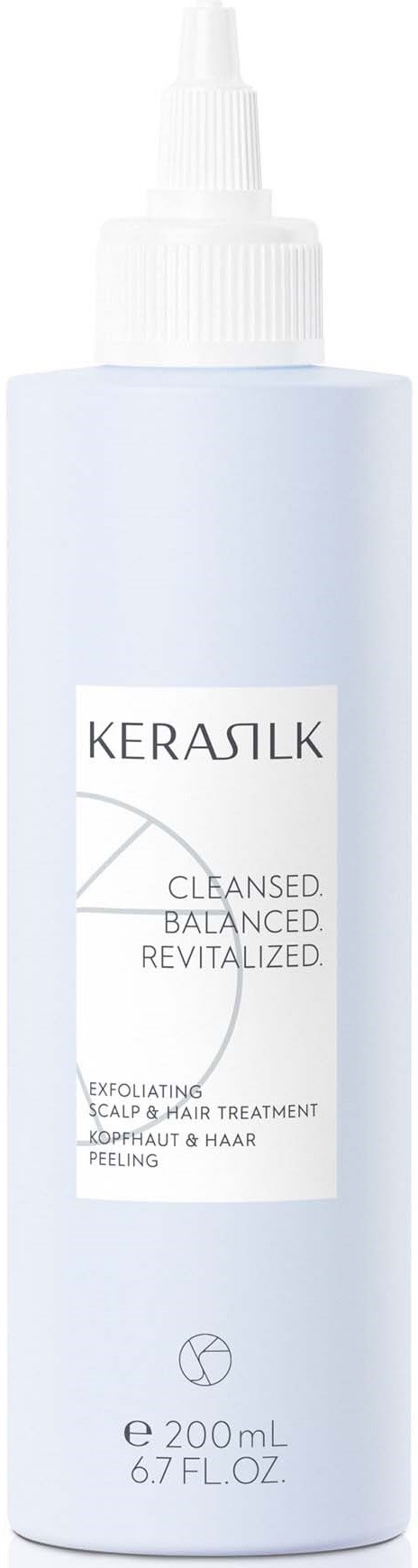 Eine hohe weiße Flasche mit Sprühkopf gekennzeichnet KERASILK für Haarpflege, 200 mL.