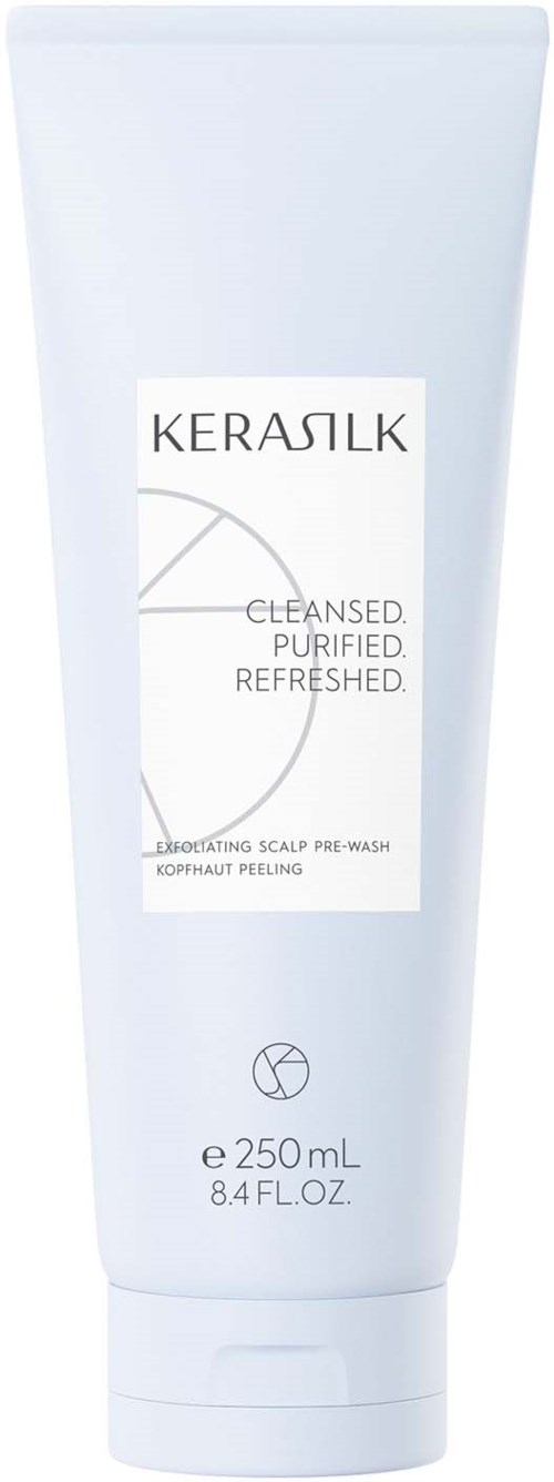 Eine weiße Tube mit Kerasilk-Produkten zum Reinigen und Reinigen der Kopfhaut, 250 ml mit einfachem Etikett.