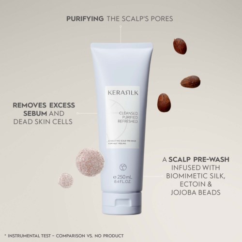 Ein Kopfhaut-Vorwäsche von Kerastik mit Seide, Eton und Jojobaperlen, entfernt überschüssiges Sebum und tote Hautzellen.