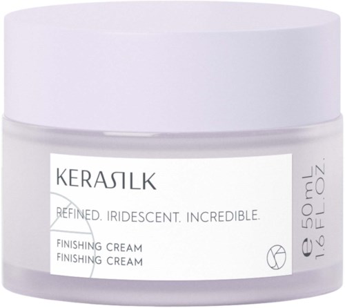 Ein weißer Behälter mit Keraslik-Finish-Creme, weißer Deckel und einfacher Etikett.