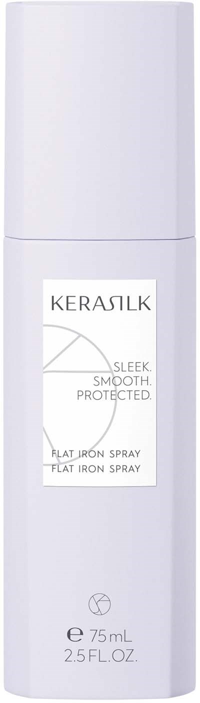 Eine weiße zylindrische Sprühflasche mit der Aufschrift Kerasilk, 75 ml, für Haarstyling.