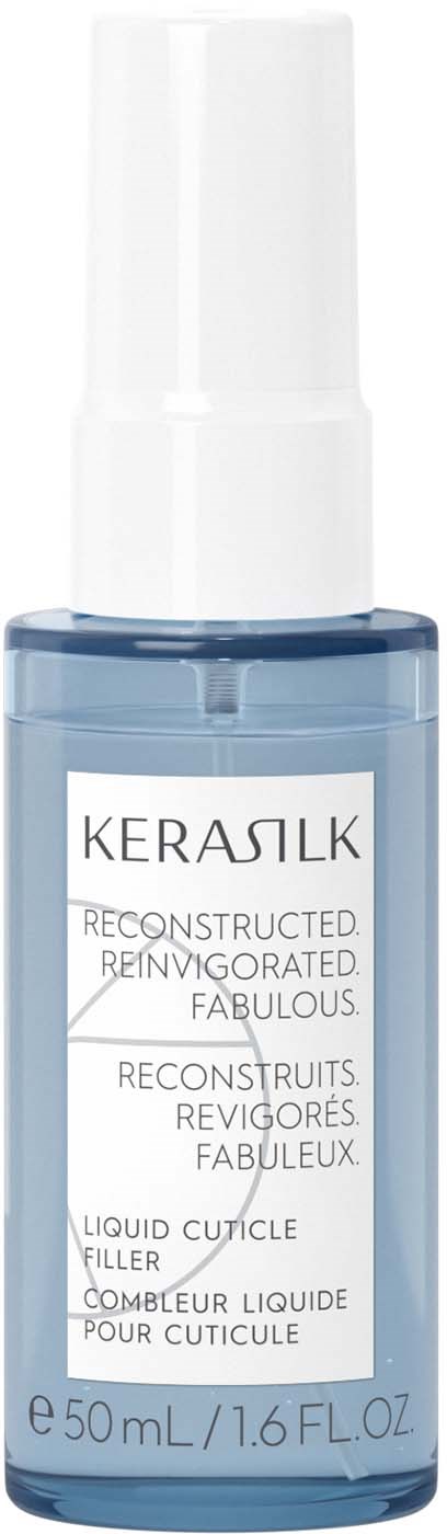 Kleine blaue Flasche mit weißem Pumpkopf, beschriftet 'KERASILK' und beschreibt eine rekonstruierende Haarkur.
