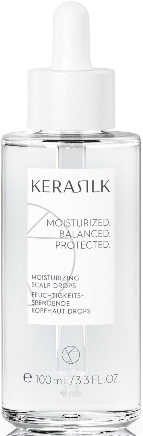 Eine klare Flasche mit Tropfer enthält Kerasik feuchtigkeitsspendende Kopfhaut-Tropfen für die Haarpflege.