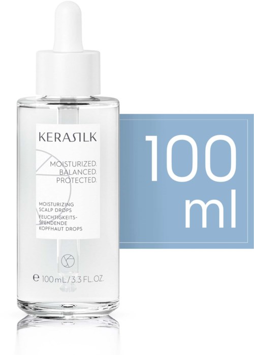 Eine klare Glas-Tropfflasche mit Kerasik und 100 ml auf blauem Hintergrund. Enthält feuchtigkeitsspendende Kopfhaut-Tropfen.