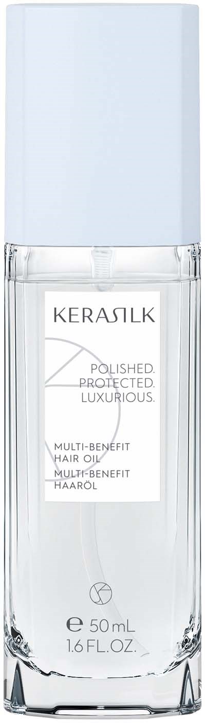 Eine klare Flasche Haaröl mit großem hellblauem Deckel und weißem Etikett mit Marken- und Produktdetails.