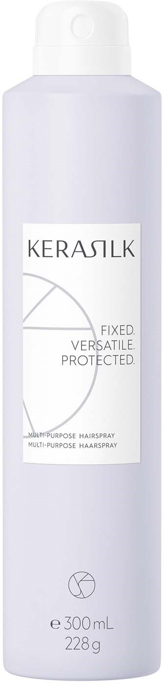 Eine weiße Flasche Kerasik Haarspray, 300 ml, mit einfachem Labeltext.