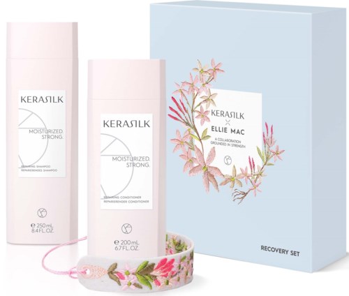 Kerasilk fuktighetsprodukter med ett rosa blommigt armband och en ljusblå presentlåda i bakgrunden.