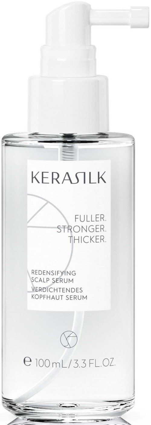 Een doorzichtige fles met pomp met scalp serum genaamd Kerasilk voor sterker, dikker haar.