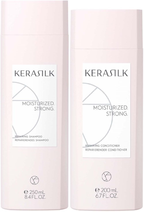 Zwei Flaschen Kerasaluk Shampoo und Conditioner, weiß mit Etikett, zeigen Größen 250 ml und 200 ml.