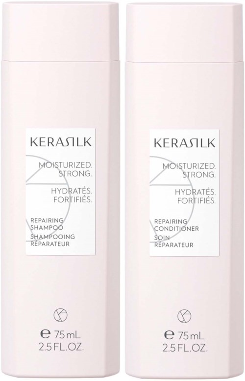 Zwei weiße Flaschen mit KERASTASE-Marke, für reparierendes Shampoo und Conditioner, je 75 mL, nebeneinander.