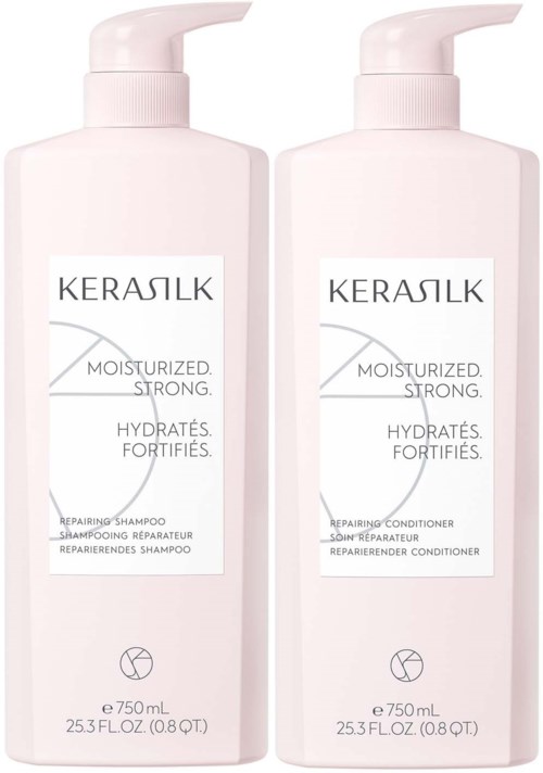 Zwei große rosa Flaschen sind zu sehen, gekennzeichnet als Kerasik Feuchtigkeitsspendendes Shampoo und Conditioner, jeweils 750 ml.
