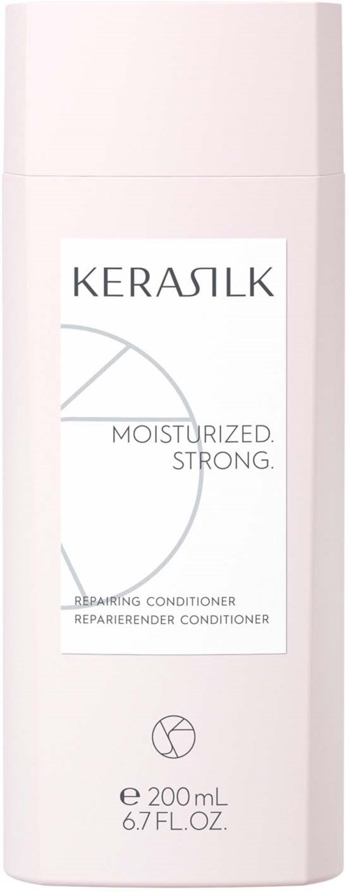 Eine weiße Flasche mit Kerasilk Feuchtigkeits- und Reparaturconditioner, enthält 200 ml, mit einfachem Etikett.