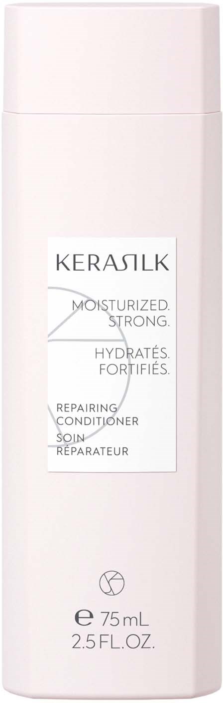 Eine weiße Flasche mit KERASILK, 75 ml, zum Reparieren und Befeuchten der Haare. Es ist ein Conditioner.