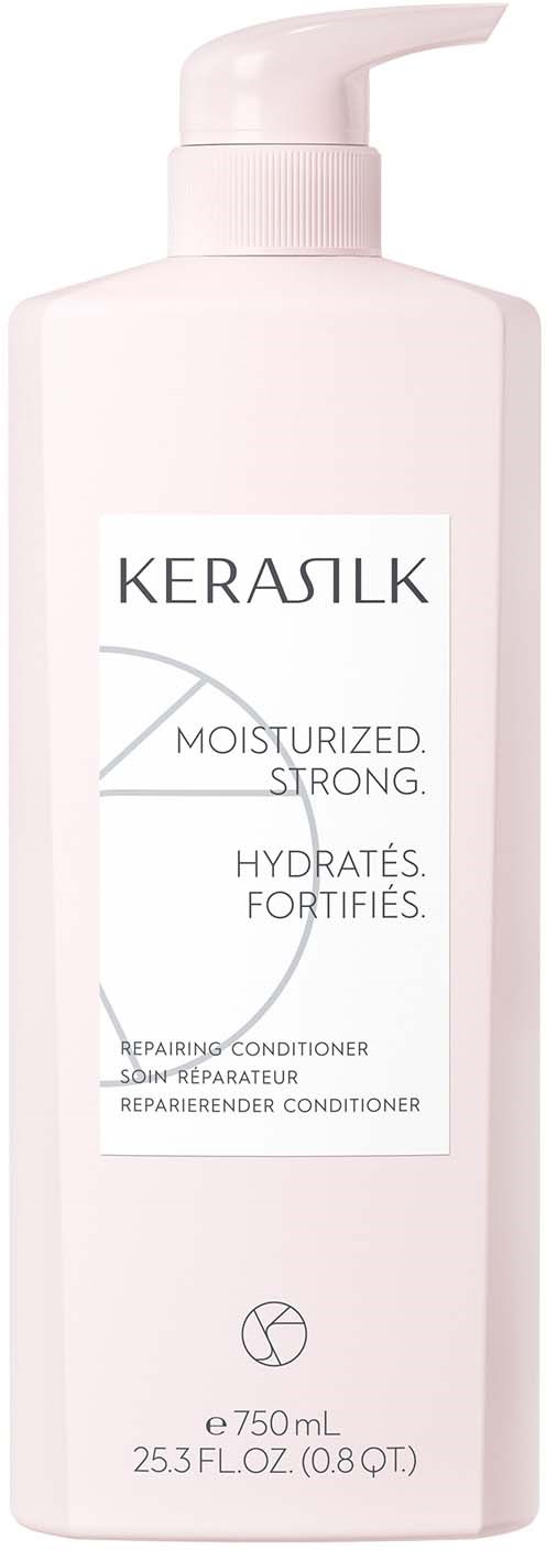 Dies ist eine weiße Flasche Kerasik Reparaturconditioner, 750ml, für starkes, gepflegtes Haar.