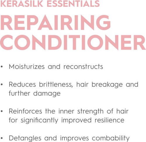 Dies ist ein Produktetikett für eine reparierende Spülung, die Haare pflegt, Schäden reduziert und stärkt.