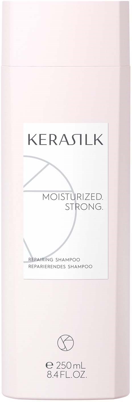 Eine weiße Flasche Kerasilk-Shampoo mit einem Etikett, das feuchtigkeitsspendend und stark ist, enthält 250ml.