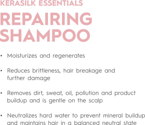 Text über die Vorteile von Reparaturshampoo: spendet Feuchtigkeit, reduziert Schäden, entfernt Schmutz und gleicht die Kopfhaut aus.