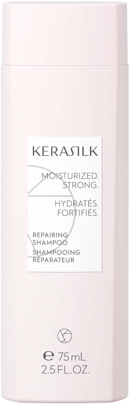 Eine weiße Shampoo-Flasche mit einem Etikett für feuchtigkeits- und stärkungsfördernde Haarpflege, enthält 75 ml.