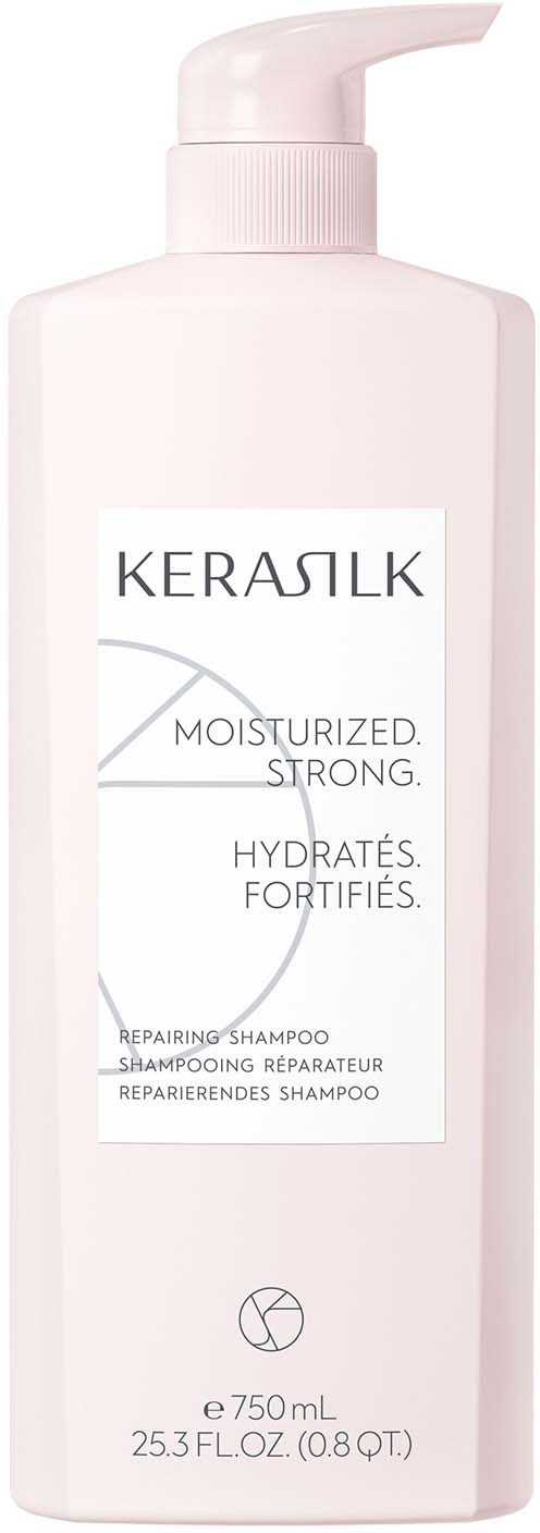 Eine weiße Flasche mit Pumpe, beschriftet KERASILK, behauptet, feuchtigkeitsspendend und stärkend zu sein, enthält 750 ml Reparaturshampoo.
