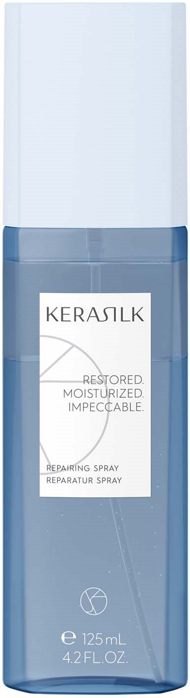 Eine Flasche Kerasilk Restored Repairing Spray mit blauer Flüssigkeit und weißem Deckel.