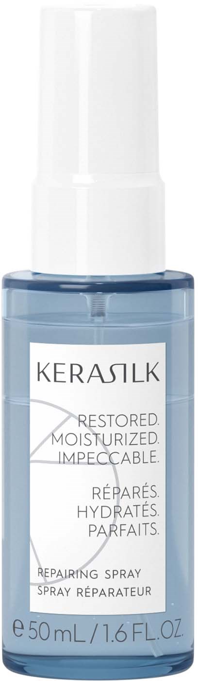 Eine kleine blaue Flasche mit weißem Sprühkopf, etiketti Kerasik Reparaturspray für Feuchtigkeit und Pflege.