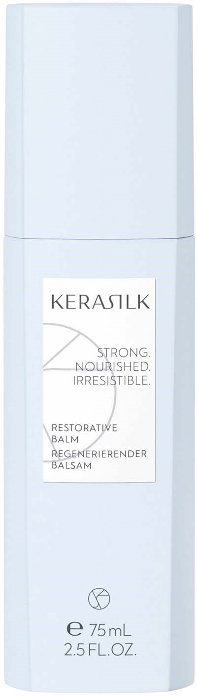 Eine lange, hellblaue Flasche mit weißem Etikett, auf dem 'KERASILK' und Details zum pflegenden Balsam stehen.