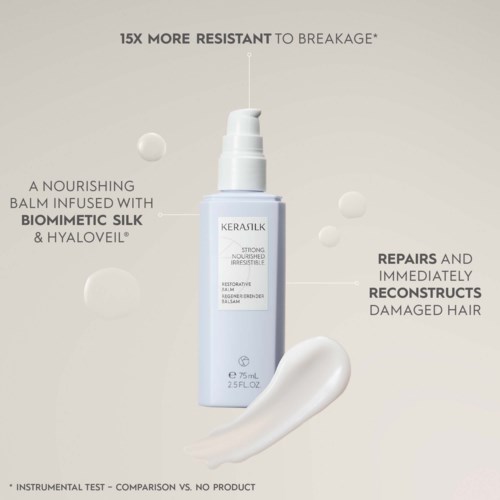 Eine Haarpflegeflasche mit Text über Reparatur und Pflege, mit einem Klecks Creme und schwebenden Kugeln.