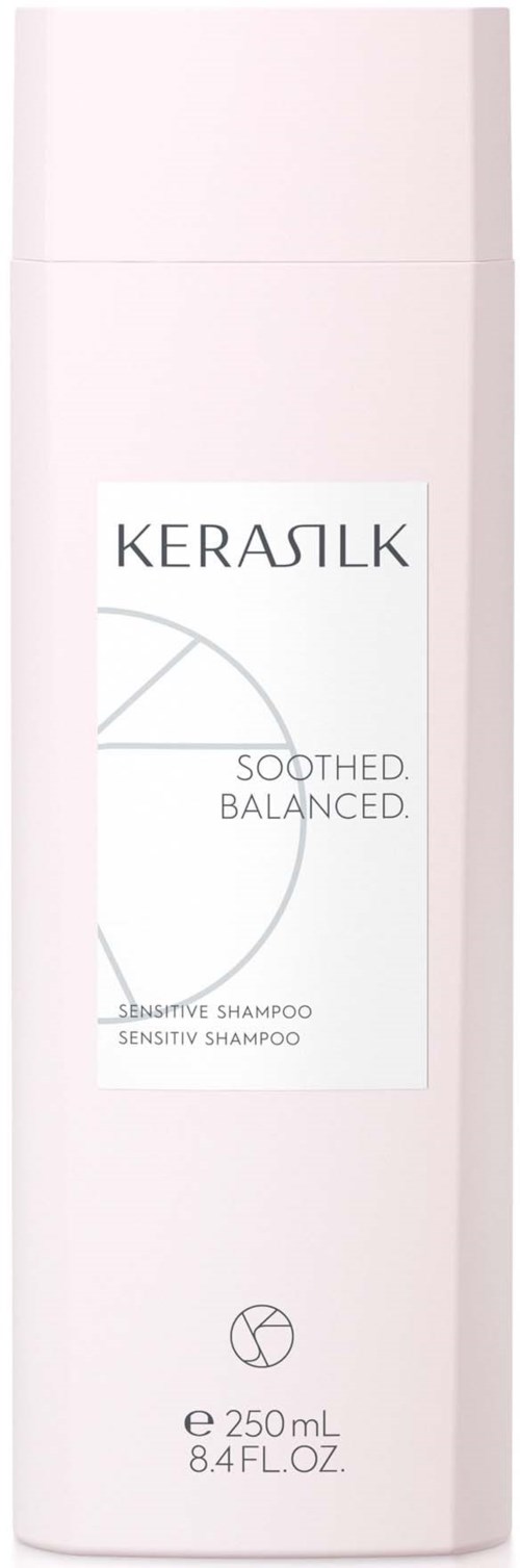 Eine rosa Flasche Kerasilk Sensitiv-Shampoo, 250 ml, als beruhigend und ausgewogen gekennzeichnet. Kleines Logo am unteren Ende.