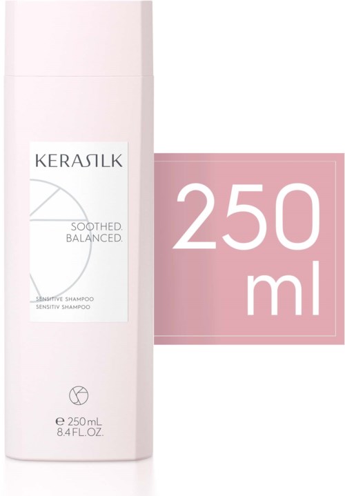 Eine weiße Flasche Keraslik Sensitive Shampoo mit rosa Hintergrund, gekennzeichnet 250 ml.