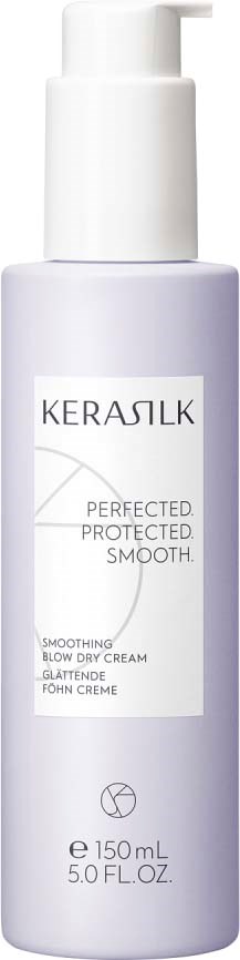 Eine weiße Flasche mit Pumpe, gekennzeichnet Kerasik, für glättendes und schützendes trockenes Haar. Enthält 150 ml oder 5 oz.