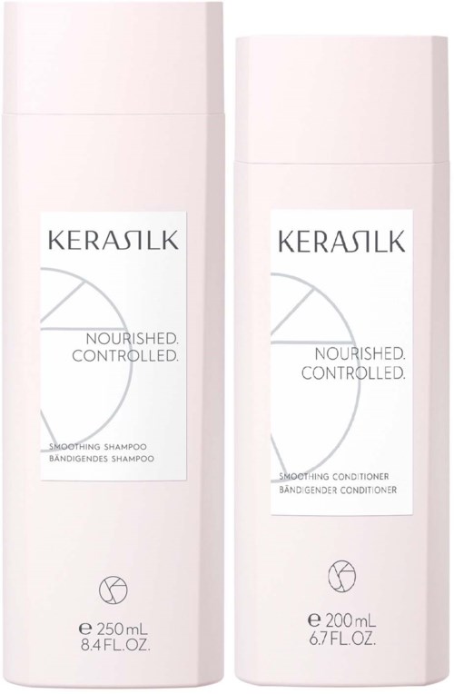 Zwei weiße Flaschen mit Labels für Shampoo und Conditioner, mit Marken- und Produktdetails.