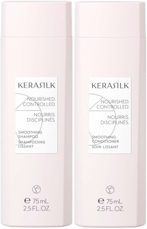 Twee witte flessen met 'Keraslik' voor shampoo en conditioner, elk met 75 ml inhoud.