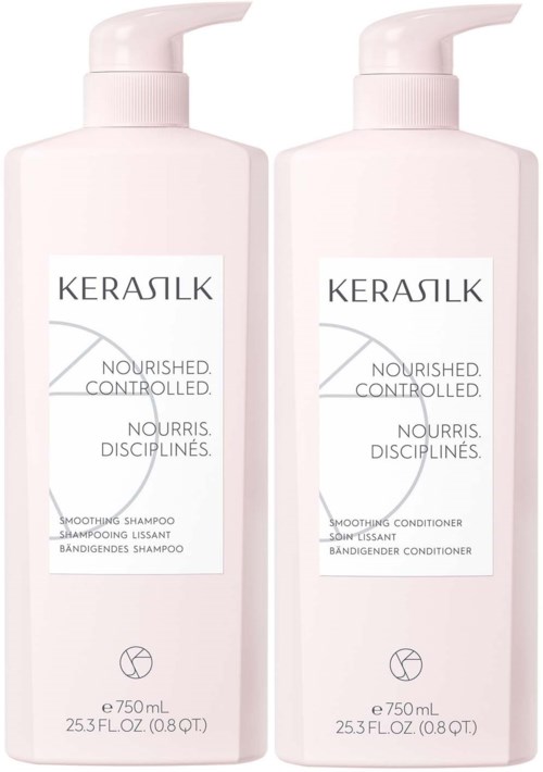 Zwei Flaschen Keraslik-Haarpflegeprodukte, Shampoo und Conditioner, in weißen Flaschen mit Pumpspendern.
