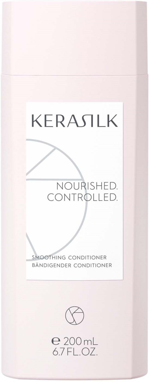 Weiße Flasche mit Kerasilk-Label, behauptet, nährt und kontrolliert Haut, 200 ml.