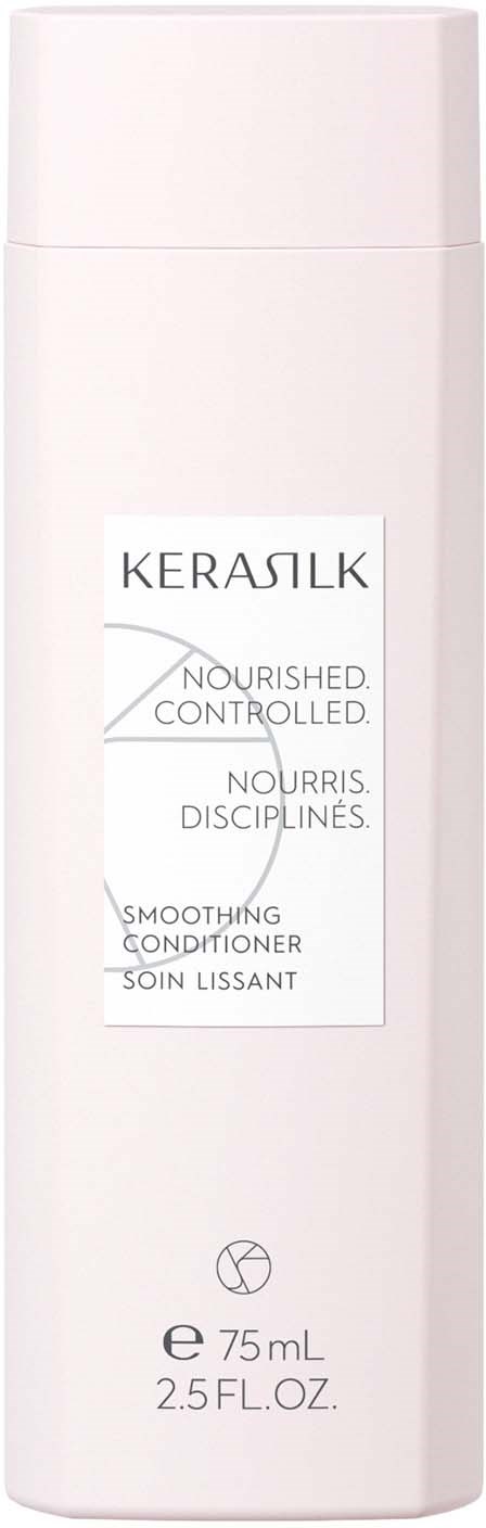 Eine weiße Flasche mit der Aufschrift 'Kerasilk Smoothing Conditioner'. Enthält 75 ml Produkt, für Haarpflege.
