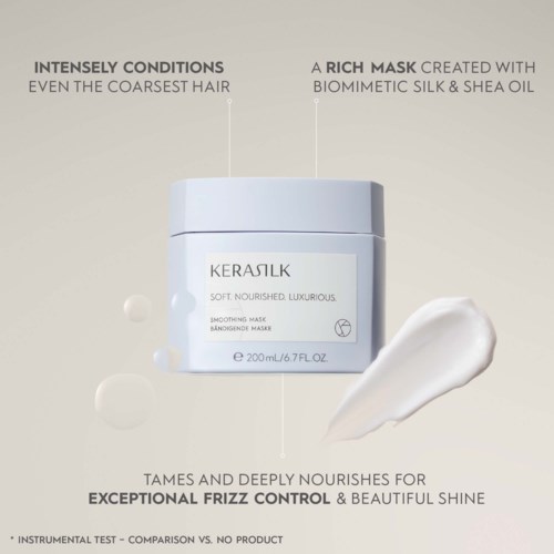 Ein Cremetiegel mit Text zu nährenden Inhaltsstoffen und Kontrolle gegen Frizz. Mit Creme-Klecksen an der Seite.