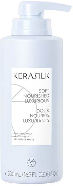 Eine weiße Flasche mit Pumpe, gekennzeichnet "KERASILK" und als nährende, weiche und luxuriöse Haarkur beschrieben.