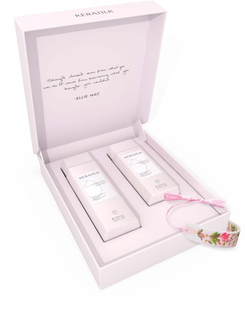Öppna vit box med två hudvårdsprodukter, ett rosa band och ett meddelande från Elle Mac inuti.