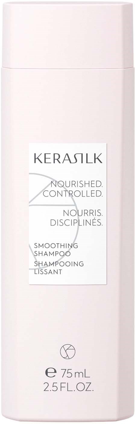 A tall, white bottle of Kerasilk nourishing and controlling smoothing shampoo, 75 mL, with simple label design.