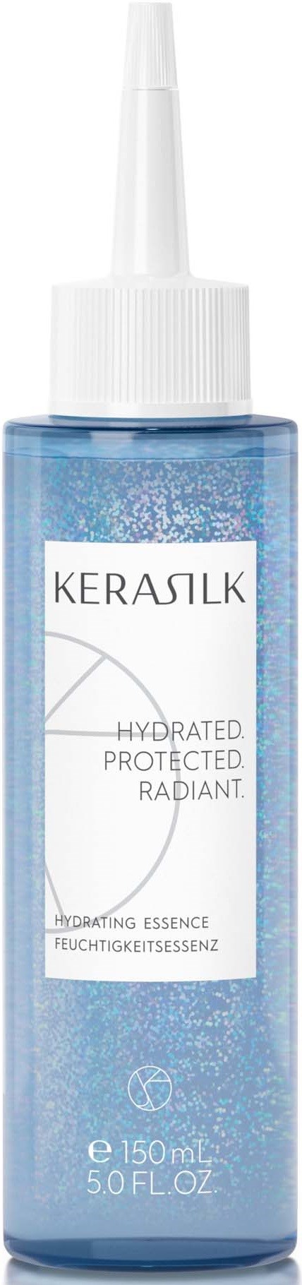 Blaue Flasche mit hydratisierender Essenz, beschriftet KERASILK, 150 ml, für strahlende Haut.