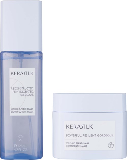 En lång, transparent flaska med Kerasik Liquid Cuticle Filler och en vit burk med Kerasik Strengthening Mask.