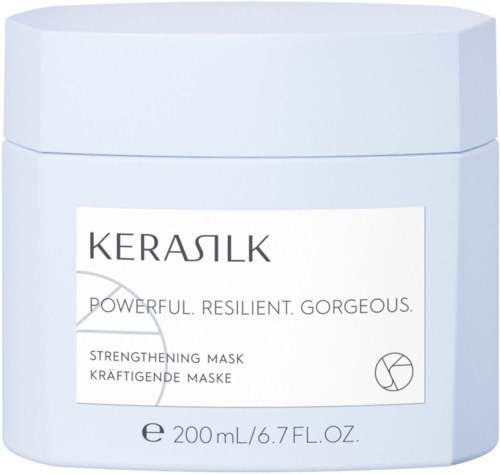 A white jar of Kerastilx hair mask with words: powerful, resilient, gorgeous, and details about size.