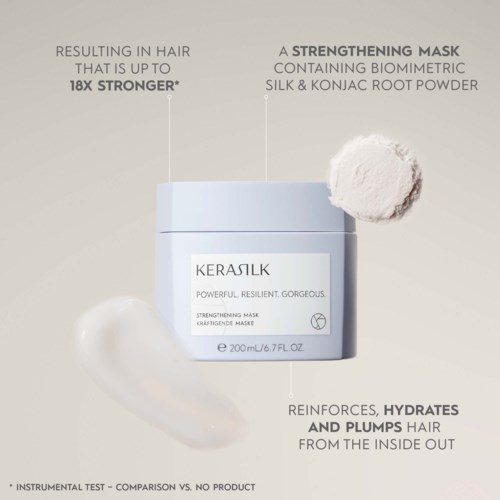 A jar of strengthening mask with biometic silk and konjac powder, helping hair become stronger, hydrated, and less dull.