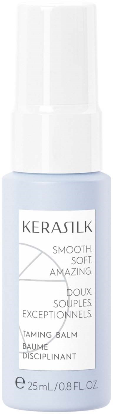 En liten flaska med Kerasilk-glättbalsam, ljusblå med vit pump, märkt med produktinformation och storlek.