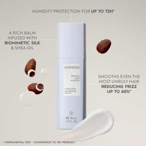 Eine weiße Flasche mit Text, umgeben von Nüssen und Creme, fördert die Reduktion von Frizz und Feuchtigkeitsschutz.